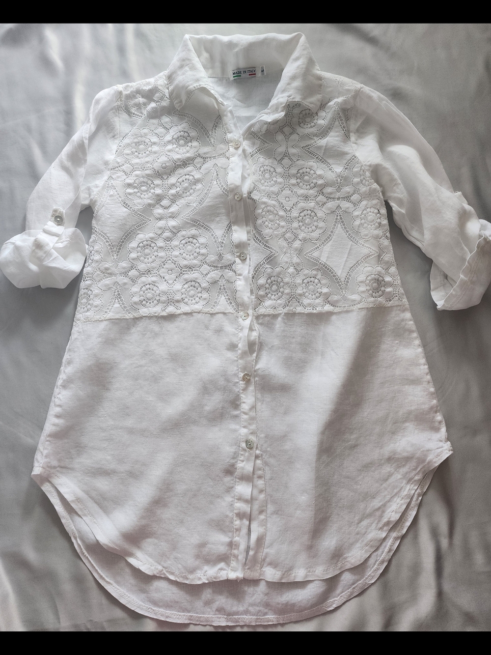 White Lace-Detail Linen Button-Up Blouse